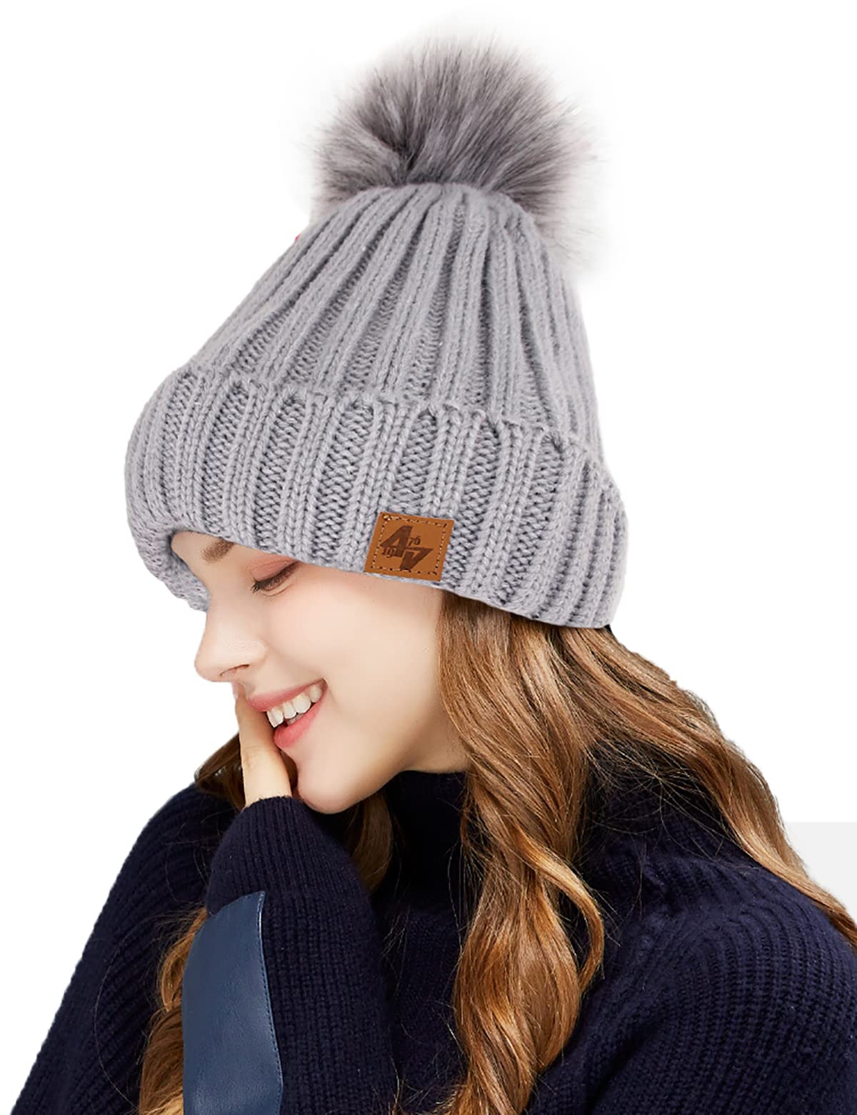 4Sold Women's Grey Grey Beanie Warm Winter Corkscrew Cable Knitted Bobble Hat Plain Ski Pom Wooly Cap