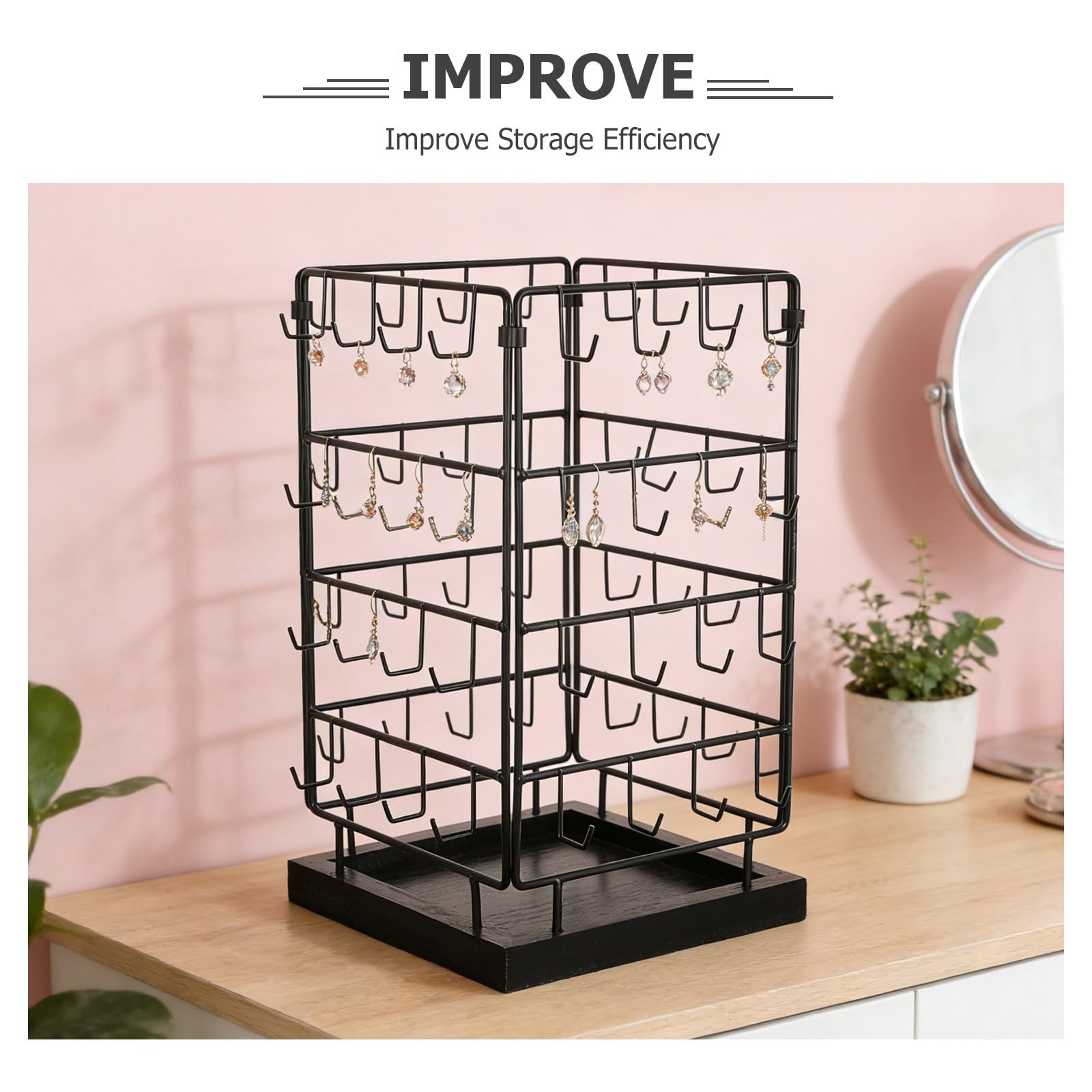 Abaodam Soporte Expositor de Joyas para Pendientes, Soporte Giratorio para Pendientes, Hierro y Madera, Negro, 64 Ganchos, Desmontable, para Joyería y Venta en Tienda