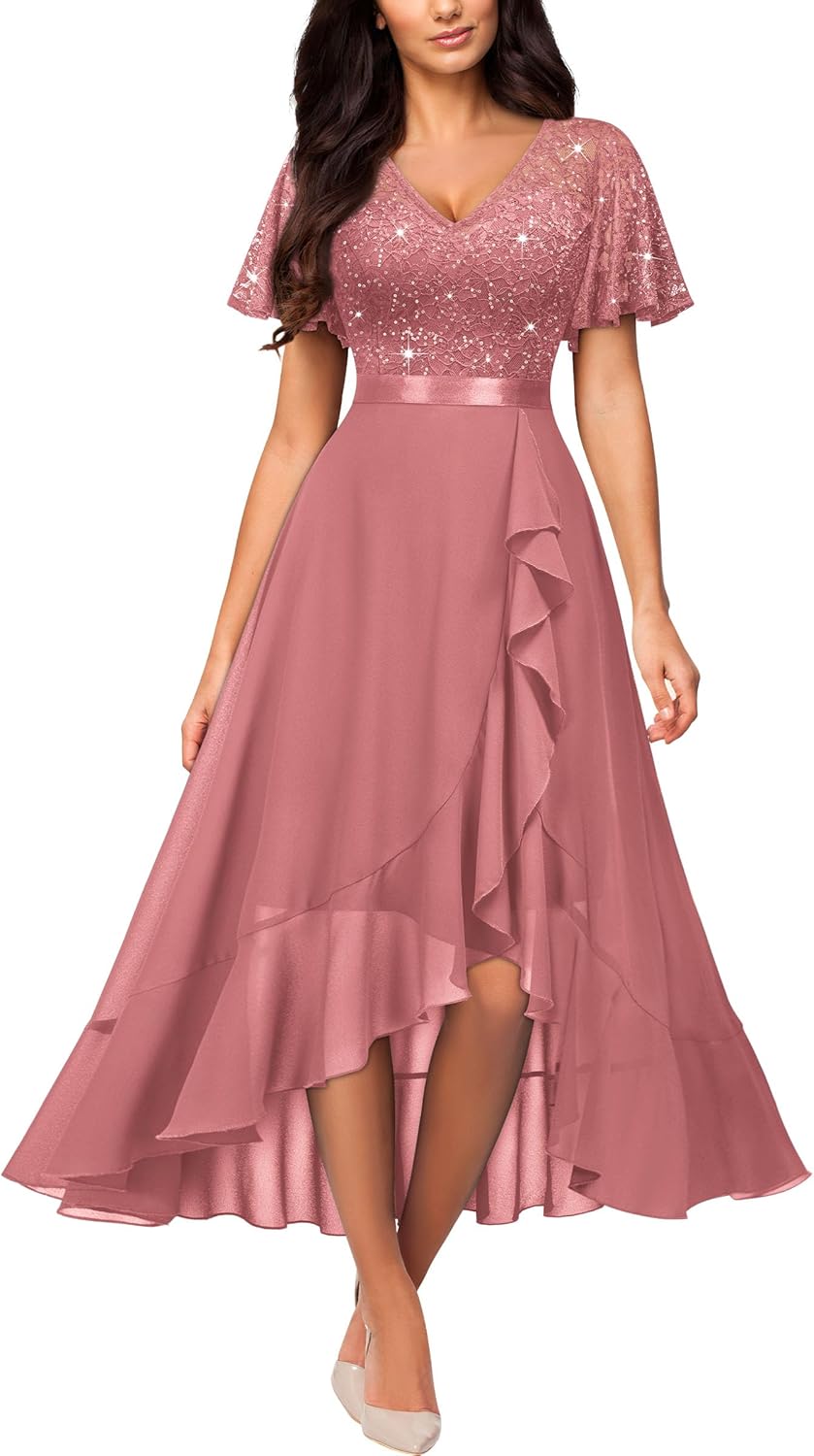 Miusol Women's Classy V-Neck Butterfly Sleeve Sequined Floral Lace Ruffle Split Bridesmaid Party Dress