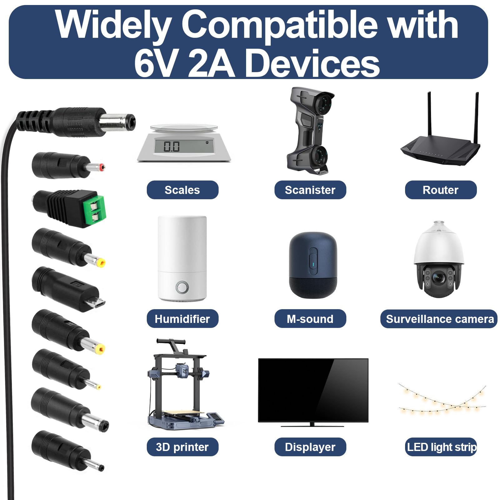6V 2A Adaptador de Corriente Transformador AC DC con 8 Conectores Fuente Alimentacion Estable Cargador Alimentador 12W para 500mA 1000mA 1500mA 2000mA Tensiómetro LED Cámara CCTV Router Juguete — view 3