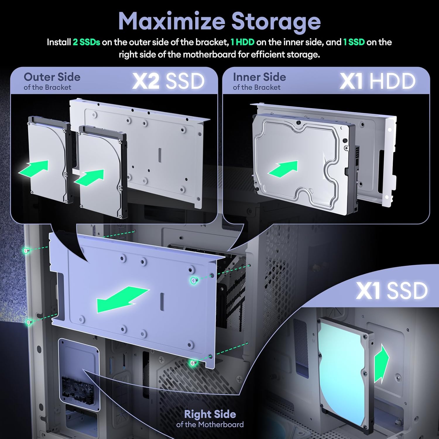 Diagram showing multiple SSD and HDD installation locations