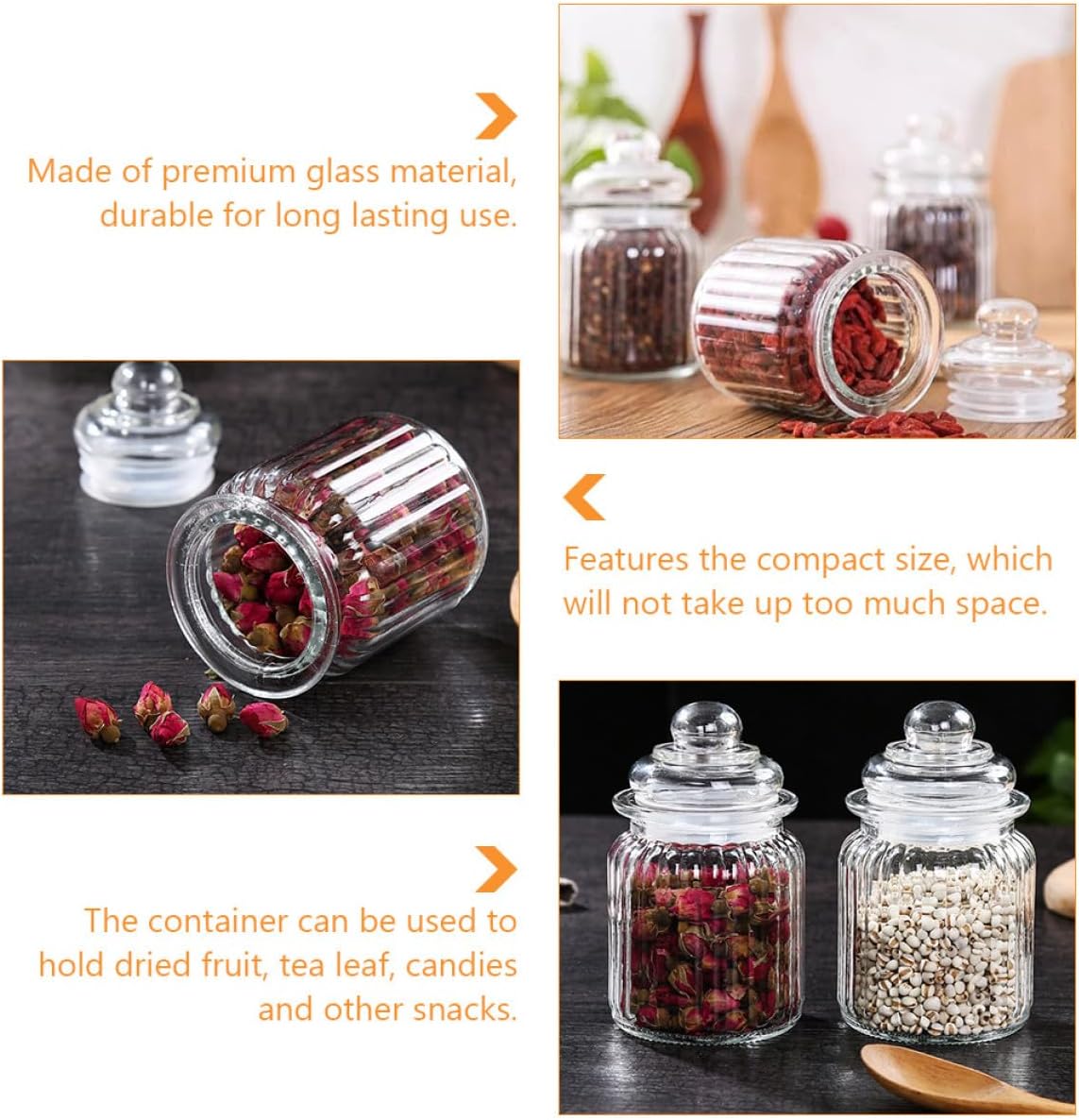 ARTIBETTER 4pcs 230ml Glass Storage Containers Food Jars with Lids Multifunctional Kitchen Storage Canisters for Coffee Beans, Seasonings, and Pantry Organization