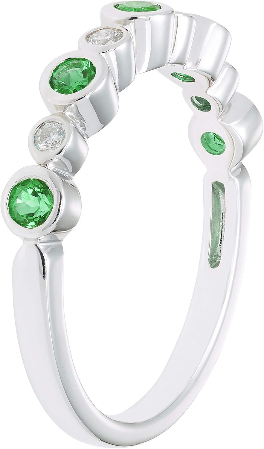 Boston Bay Diamonds .925 Sterling Silver 1/12 Cttw Diamond-Accented Lab Created Emerald Birthstone 9-Stone Bezel-Set Stacking Ring (I-J Color, I2-I3 Clarity) - Size 7