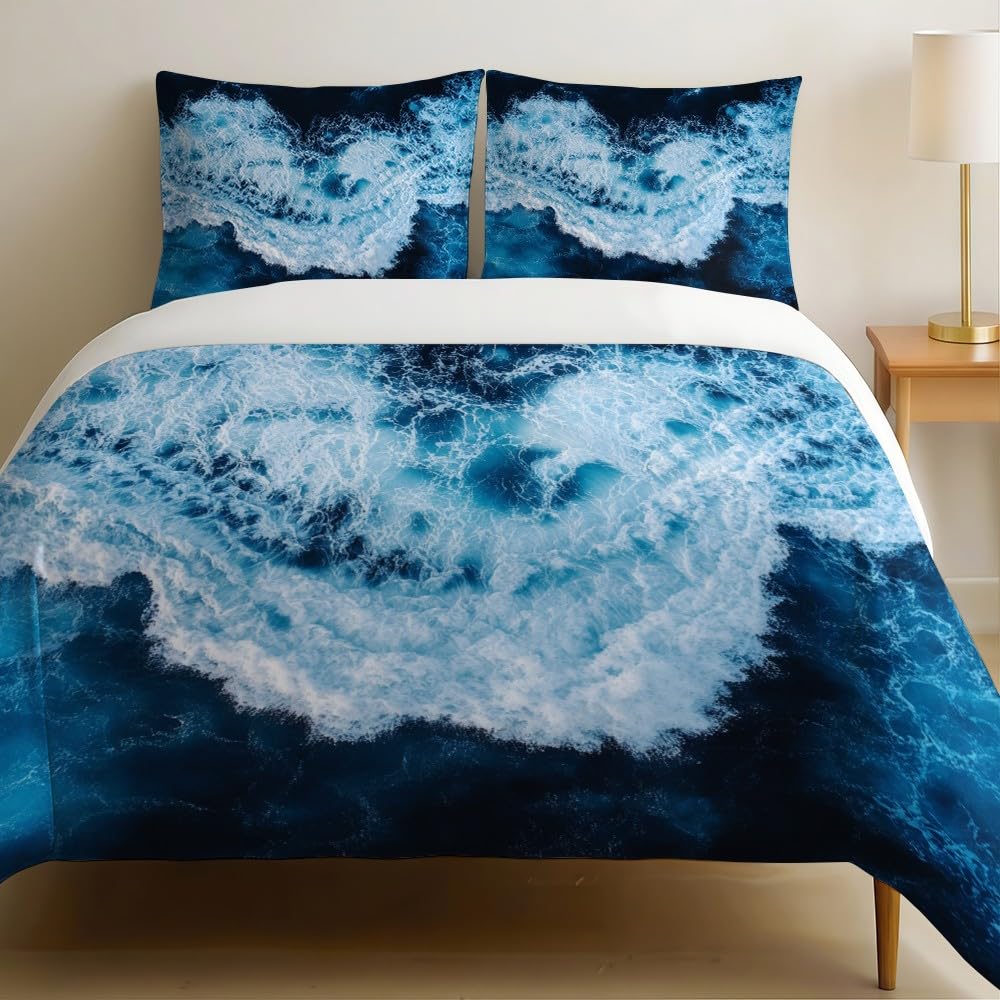 Housse de couette 140 x 200 cm vagues océan bleu foncé | Parure de lit 3 pièces