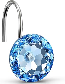 CHICTIE Blue Shower Curtain Hooks Rings Crystal,Diamond Decorative Shower Curtain Hooks,Set of 12 Stainless Steel Rust-Proof Round Rhinestones Shower Rings Hangers for Bathroom