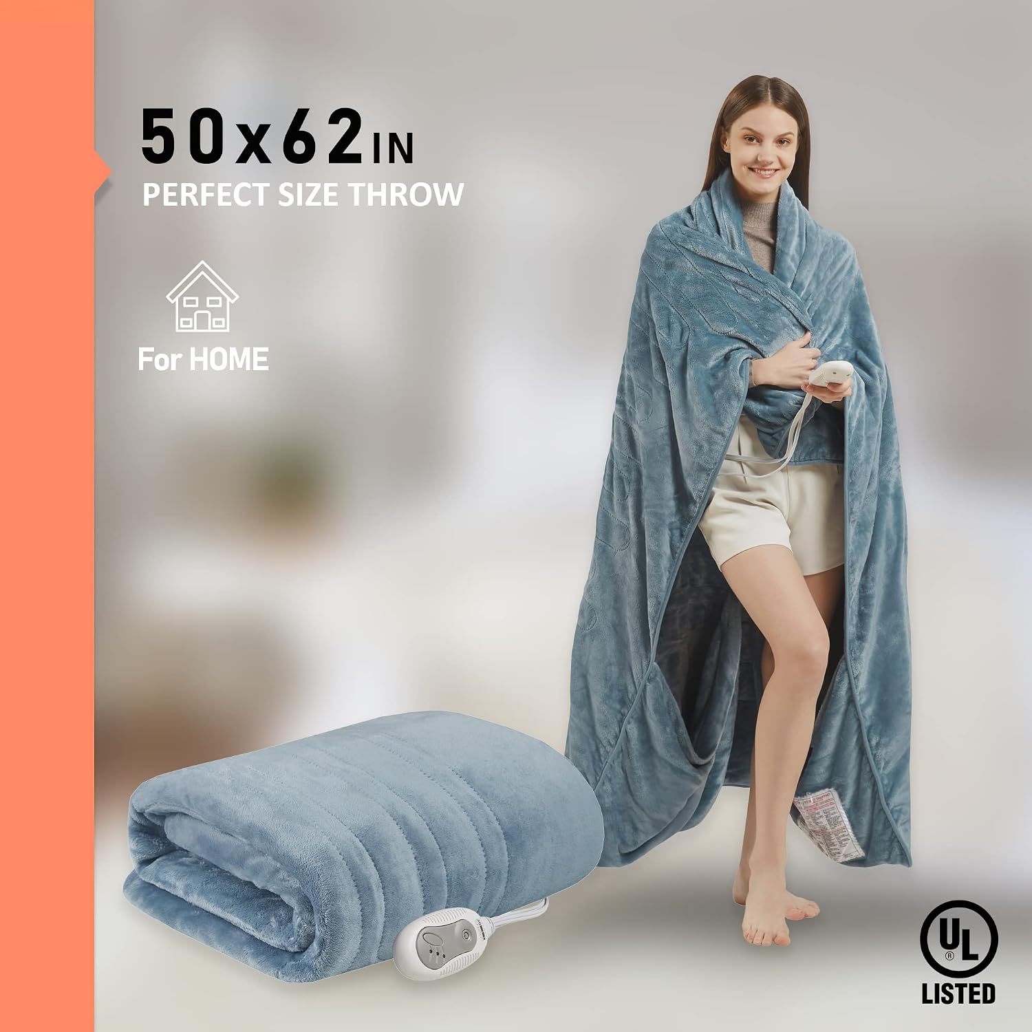Heated Blanket with Foot Pocket, Machine Washable Extremely Soft and Comfortable Electric Blanket Throw with 3 Heating Settings and auto Shut-Off, Blue (50 x 62)