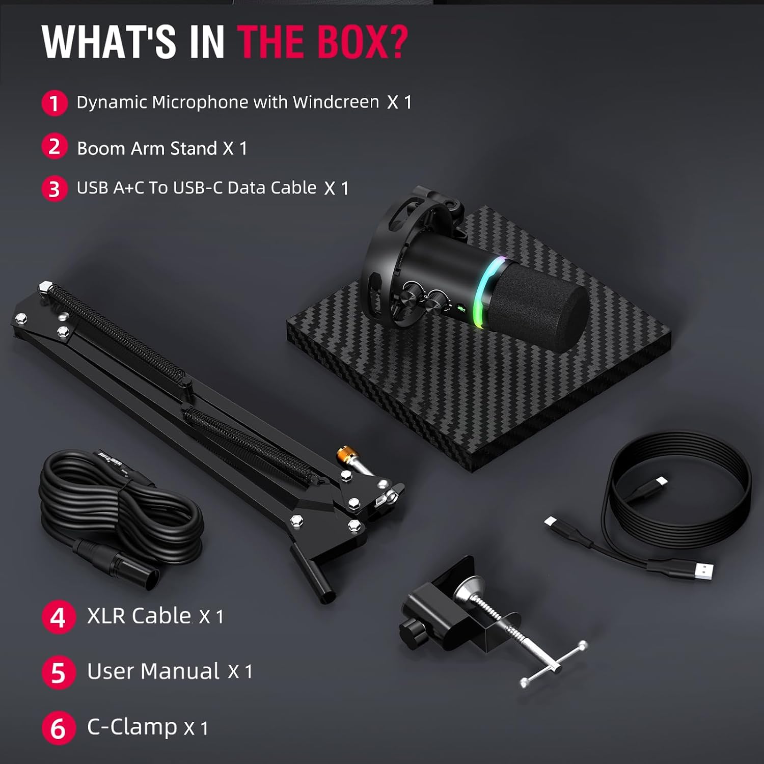 Gaming Microphone Kit for Streaming & Podcast, Dynamic RGB PC Mic with USB/XLR Cable, Boom Arm Stand, Mute Button, Headphone Jack, Ideal for Vocals, Voice-Over & Zoom Calls/Teams Meetings.