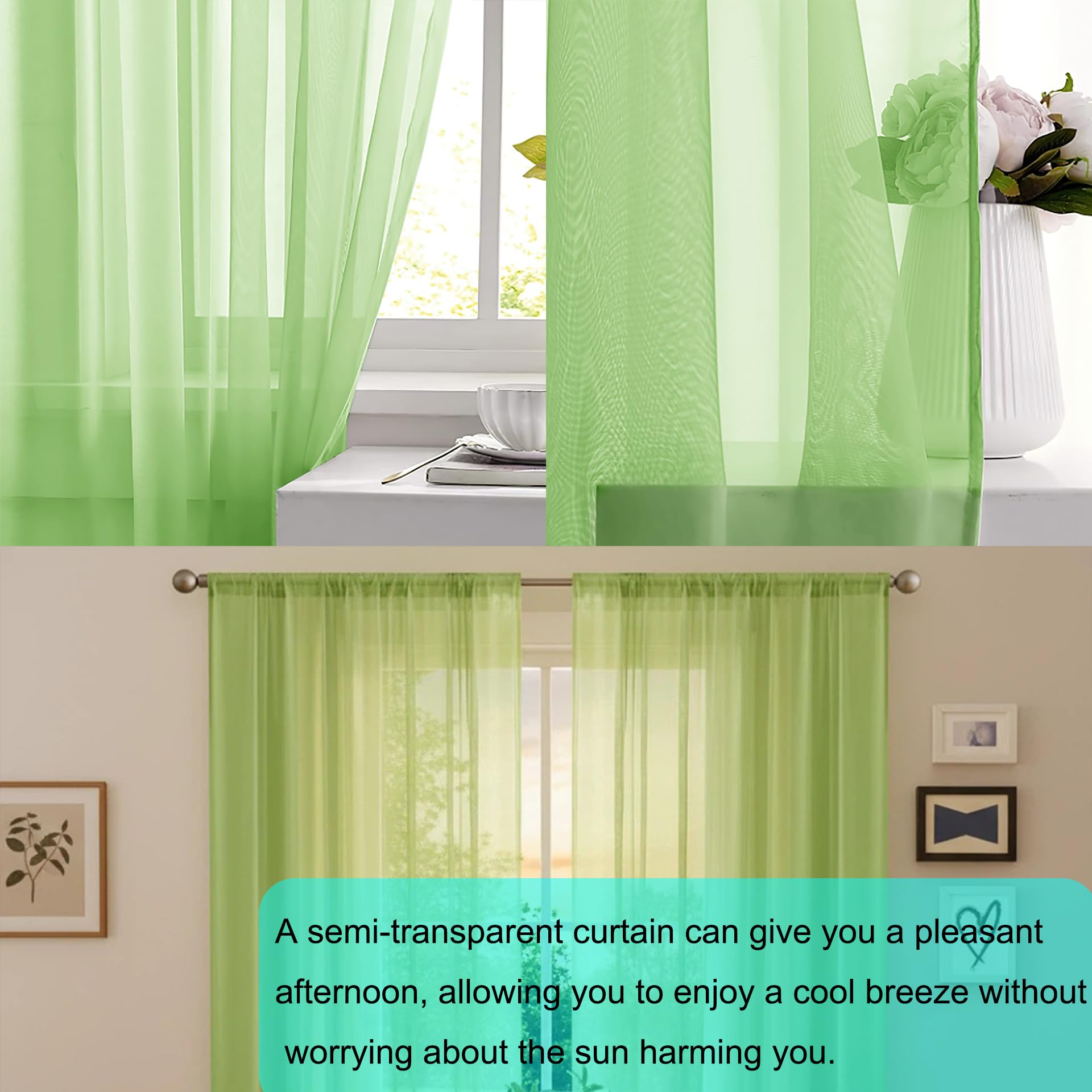 Vorhänge Transparent 255 x 245 cm Luftige Soft Vorhänge Wohnzimmer Modern Waschbar für Wohnzimmer, Schlafzimmer, Grün