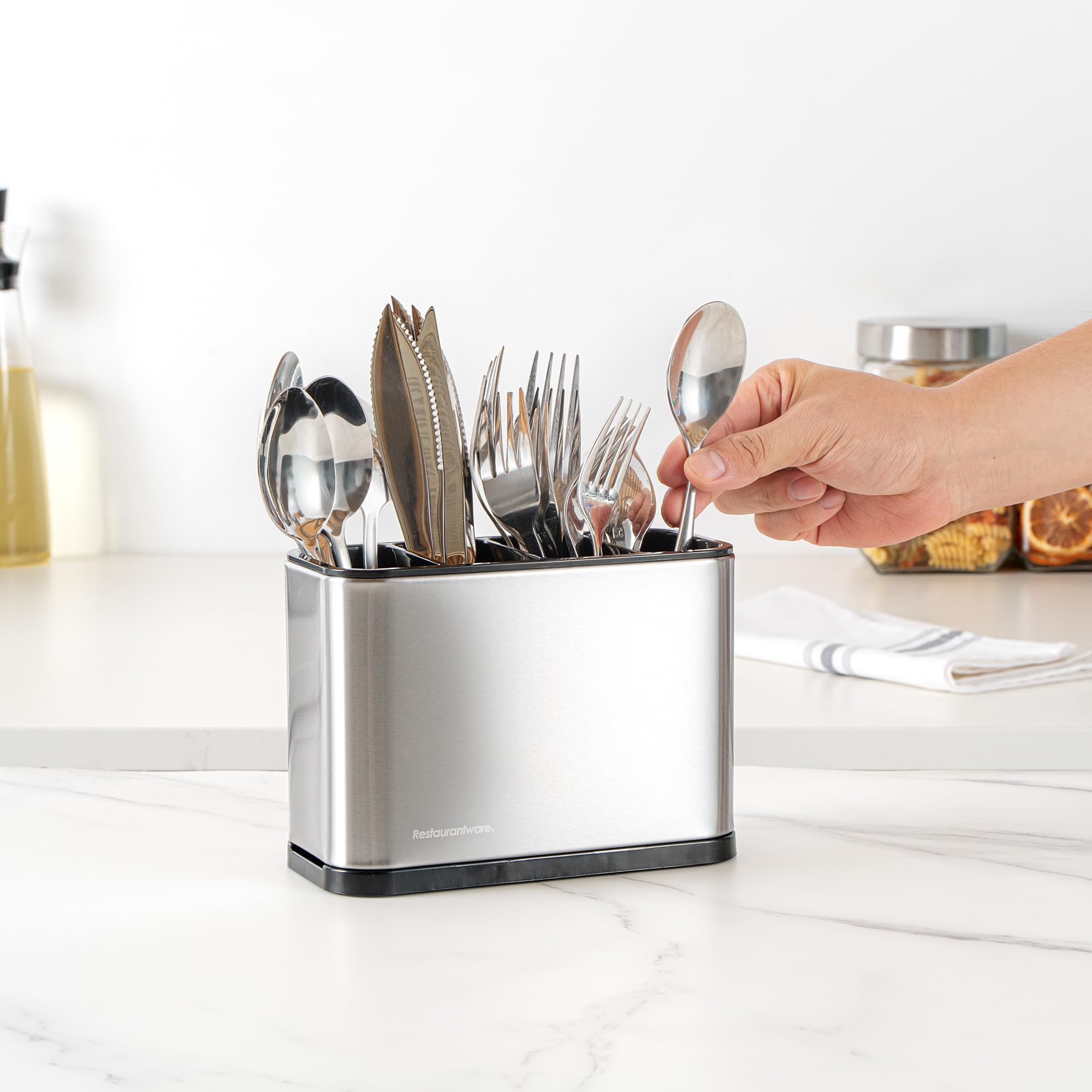 Restaurantware -Met Lux - Organizador de utensilios de 7.09 x 3.39 x 5.12 pulgadas, 1 organizador de utensilios con base pesada, 4 compartimentos, con bandeja de goteo, soporte para utensilios de