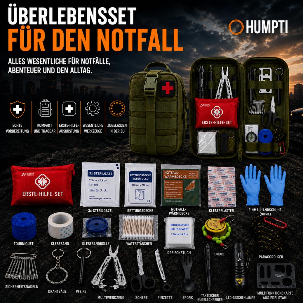 EU 2025 Survival Kit mit Rucksack, Apothekenkoffer und Taschenlampe, Überlebens-Thermodecke, Militär Profi Survival Messer, Axt, Pflaster, Pfeife und Kompass