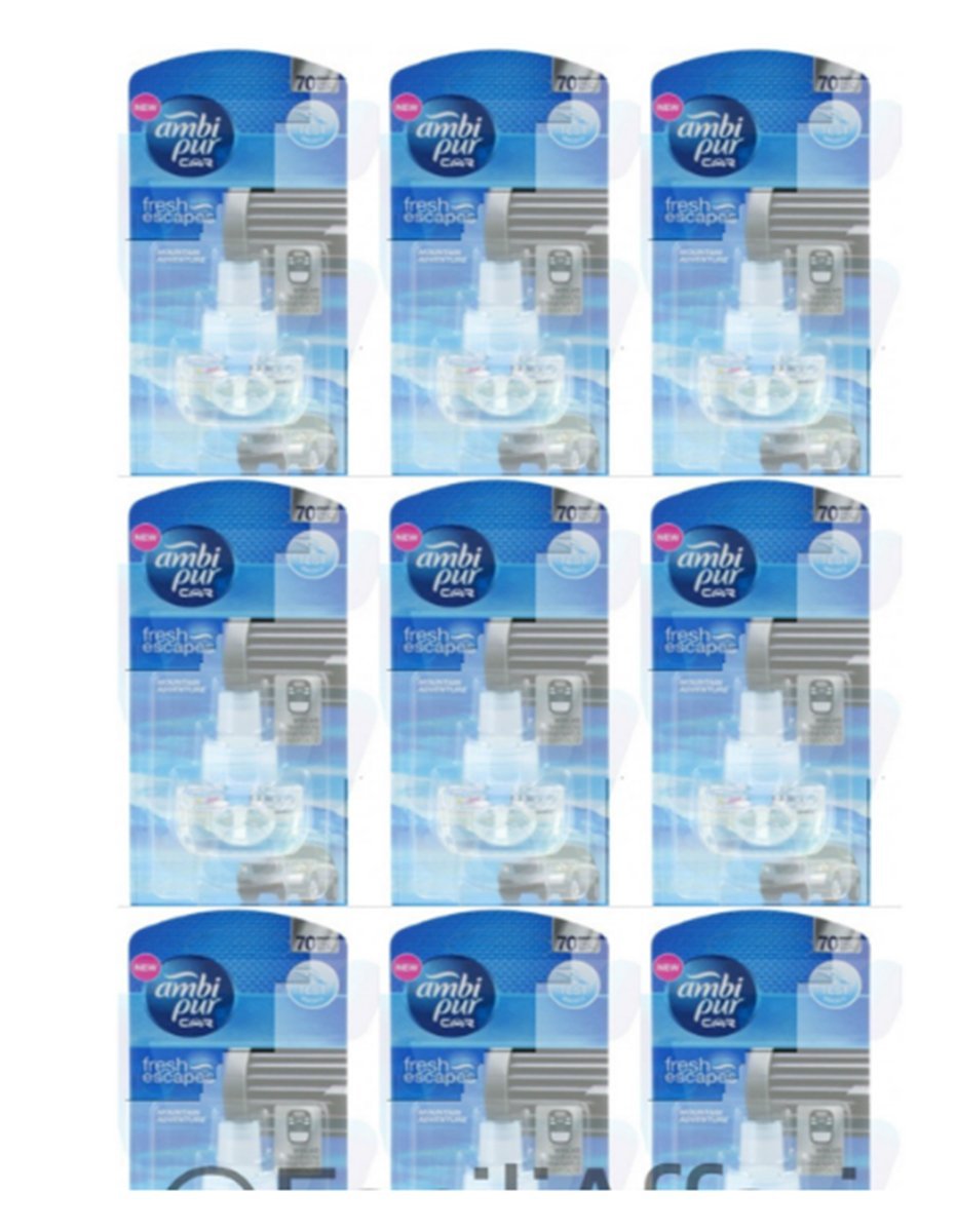 Lot de 9 recharges Ambi Pur Car Fresh Escapes «Fraîcheur de montagne» pour diffuseur de parfum d'ambiance pour voiture