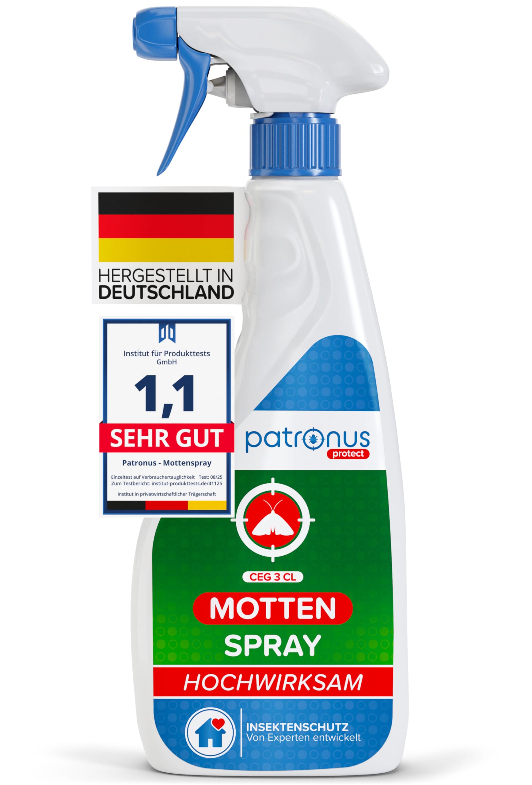 Patronus Mottenspray 500 ml - hochwirksame Abwehr gegen Kleidermotten & Lebensmittel-Motten - Motten-Spray für Kleiderschrank, Teppich, Textilien & Küche - mit dezentem Eukalyptus-Zitrusduft