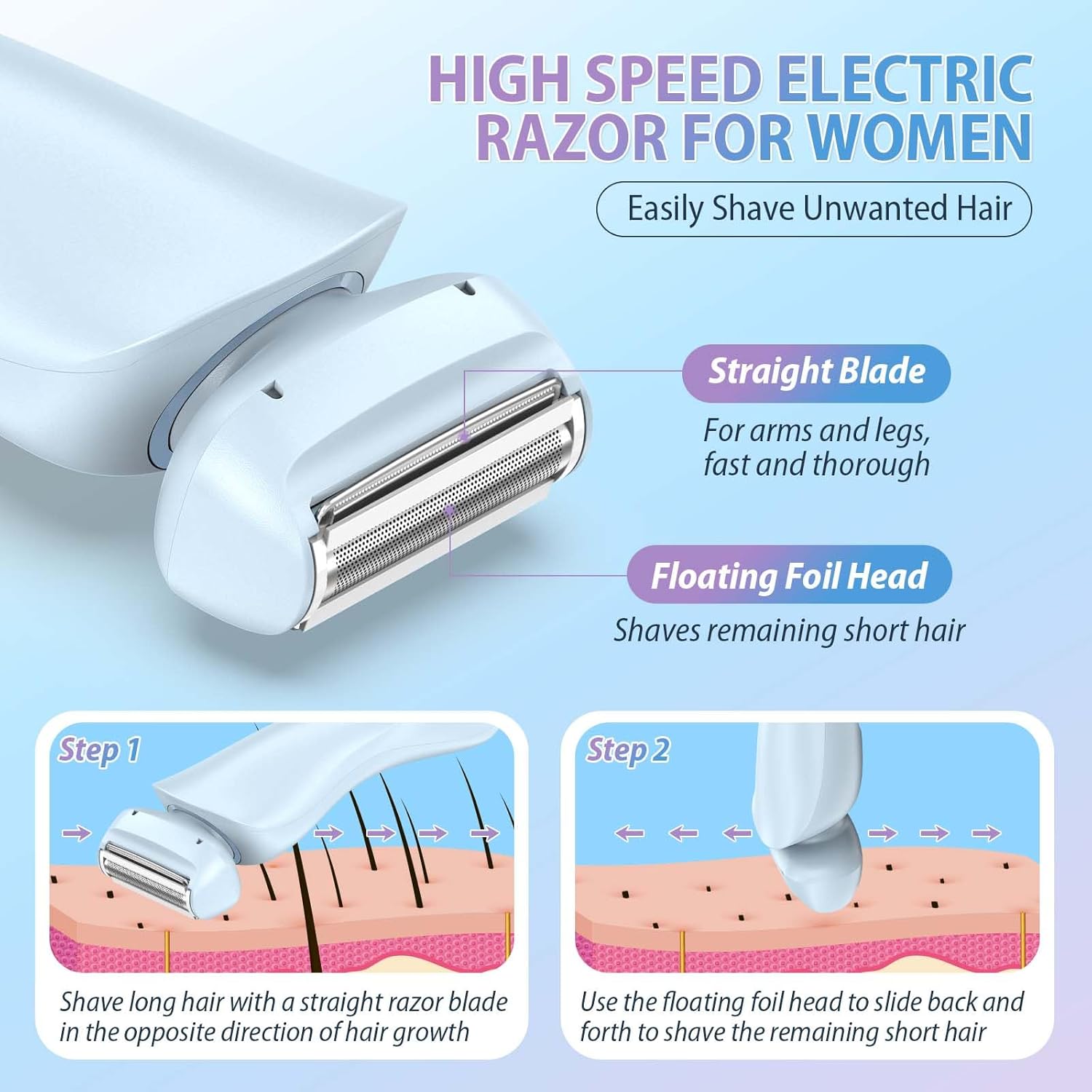 HOOICB Electric Shaver for Women, 2-in-1 Rechargeable Electric Razors for Women with Precision Trimmer Head, Painless Shaving, Wet Dry Use Bikini Trimmer - Image 4