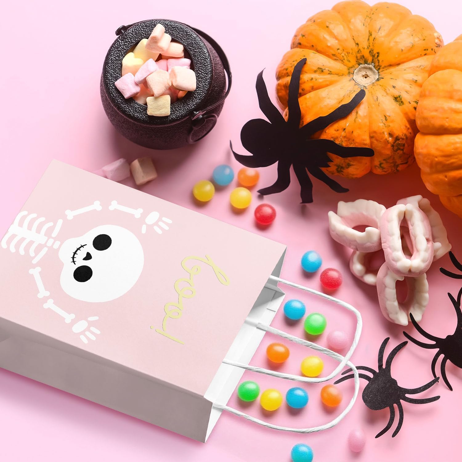 Joliaco 24pcs Pink Halloween Paper Gift Bags with Handles Cute Ghost and Skeleton Treat Bags Little Boo Candy Goodie Bag for Halloween Birthday Party Supplies - Image 5