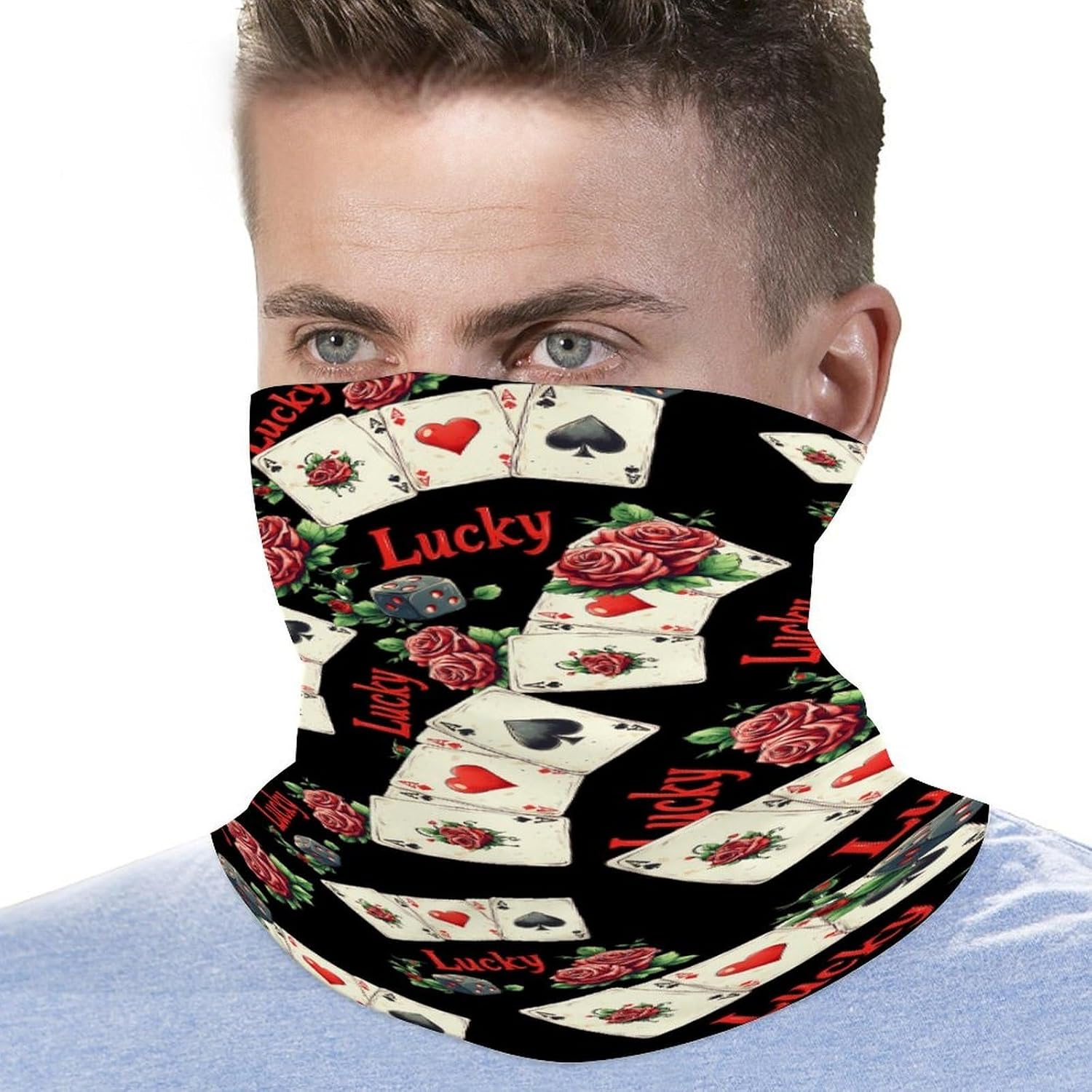 Luckying Gambling Casino Cards And Dice Face Cover Neck Gaiters for Men Women Sun Protection Mask Scarf Hiking Bandana