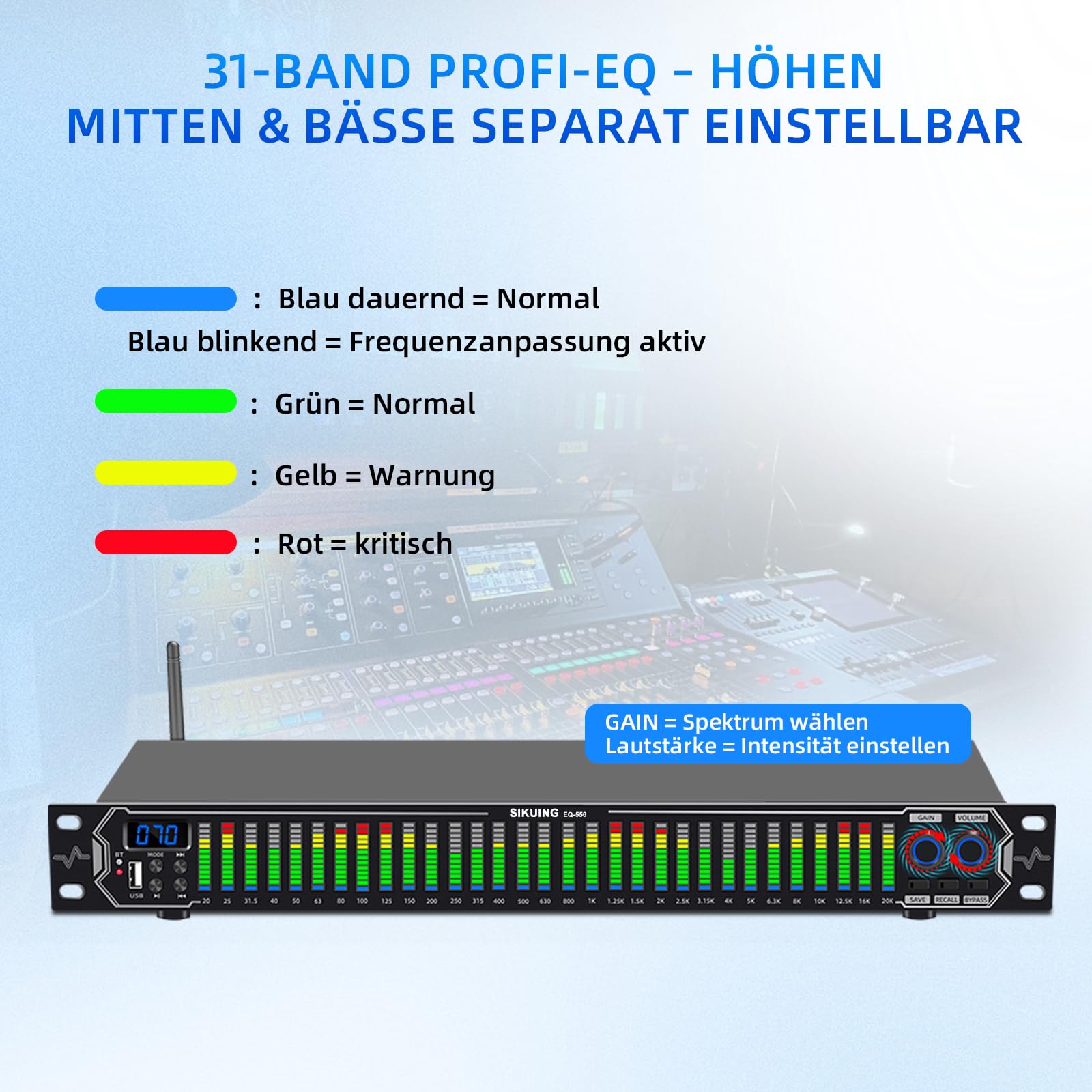 31-Band Digital Equalizer,LED-Musikspektrumanzeige,Stereo Dual-Channel mit 10 voreingestellten Modi,Bluetooth & USB,Noise-Canceling Funktion,Ideal für Zuhause,Partys und Bühnenauftritte EQ556