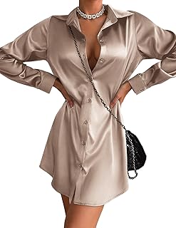 Women's Stain Long Sleeve Dress Button Down Shirts Tunic Dresses Casual V-Neck Mini Dress with Belt