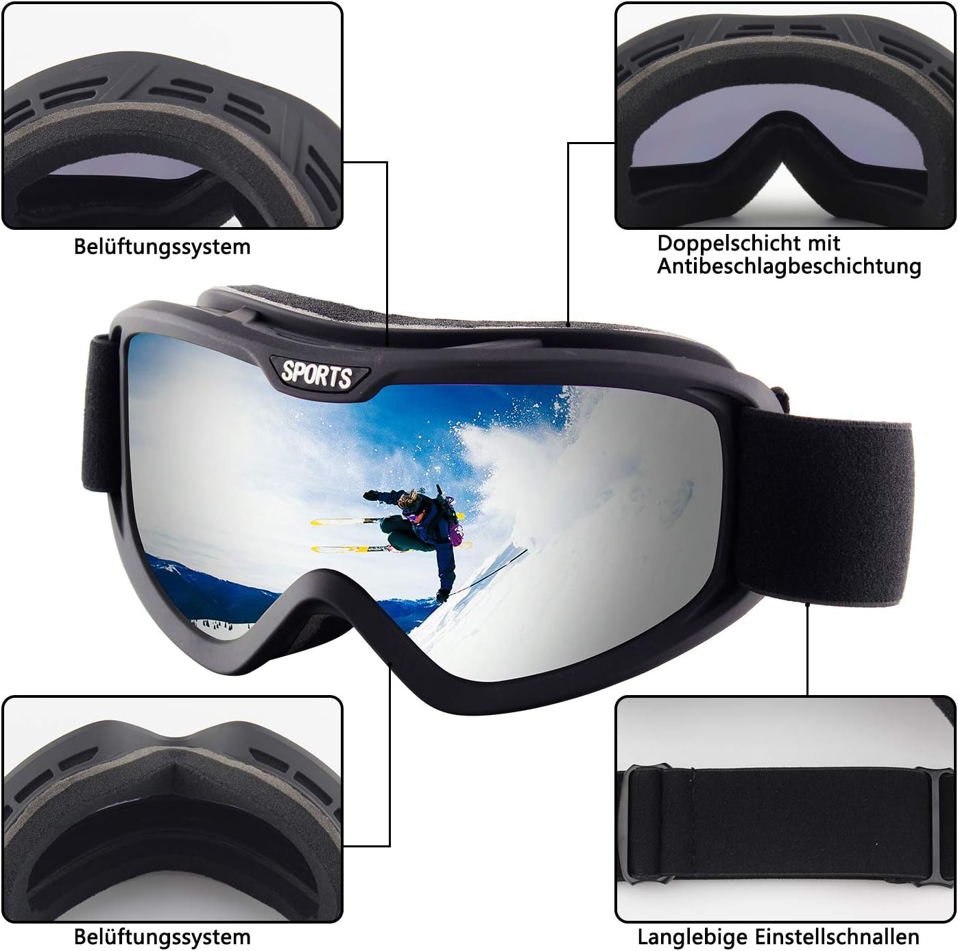 OULIQI Ski Snowboard Goggles for Men Women,Snow Goggles with 100% UV400 Protection,Anti fog ski goggles for winter sports skiing (Black/Gray Lens(VLT 13.7%) - Image 3