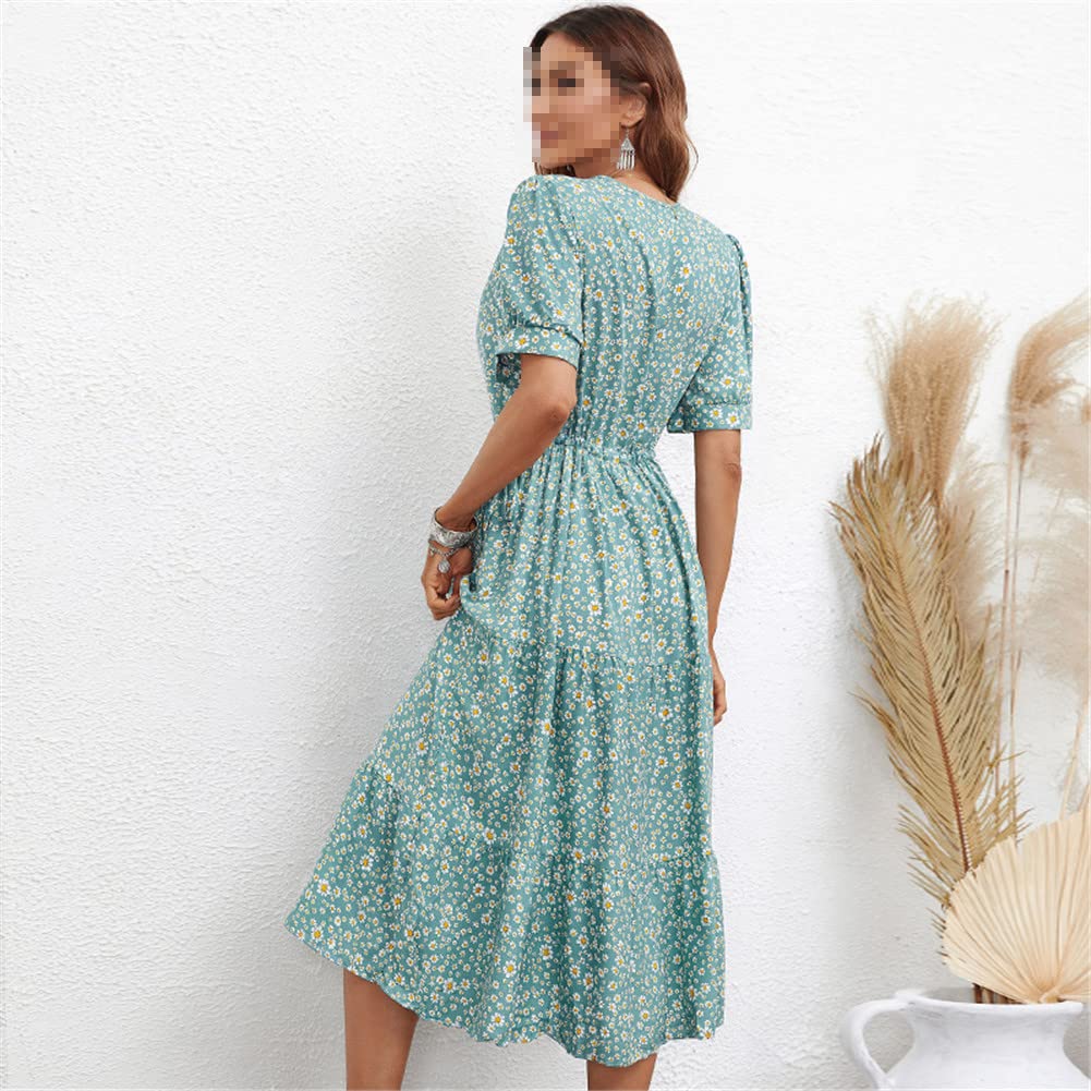 Vsadsau Vestido largo de verano para mujer, estampado floral, vestido midi de fiesta, manga corta, vestido largo acampanado