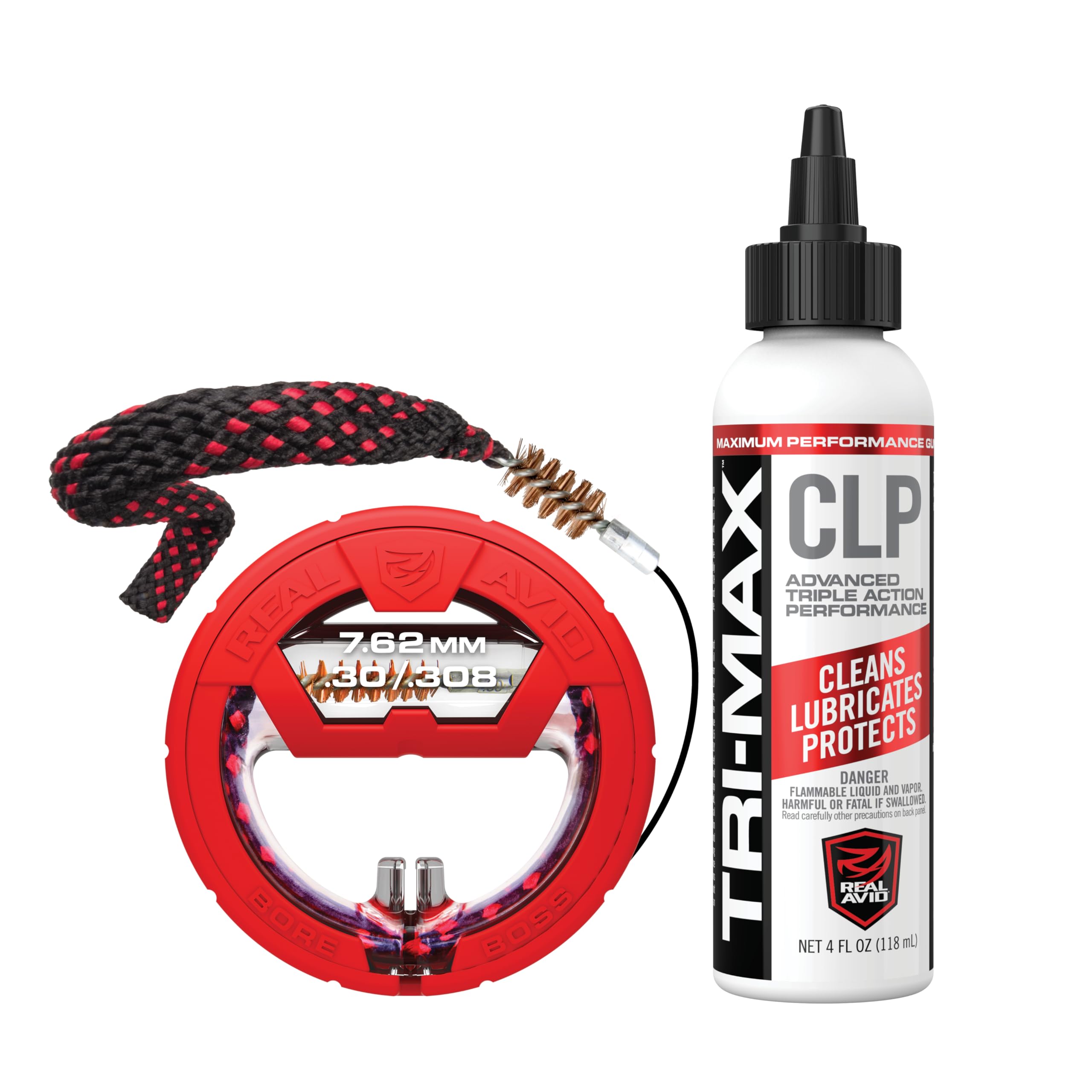 Real Avid Bore Boss Combo Kits with 4oz CLP - One-Pass Cable Bore Cleaner with Integrated Brush & Mop + CLP - Rifle Shotgun & Handgun Calibers (.30, 9mm/.357/.38, .44/.45, .243, .22, 12 & 20 GA)