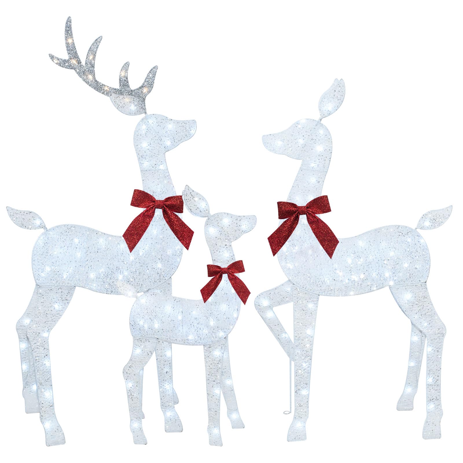 HOYECHI 4 FT Christmas Decorations Outdoor Lighted Reindeer – 3-Piece 2D Deer Family Set with 145 Warm White LED Lights for Yard, Lawn, Garden & Porch Holiday Display - White White 4FT