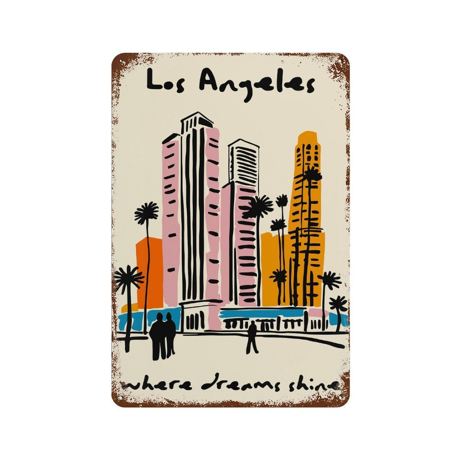 Vintage Rust Metal Sign with Los Angeles Skyline Illustration Design 11.8"x7.9", for Shed, Workshop And Garage Wall Decor, Retro Wall Decor