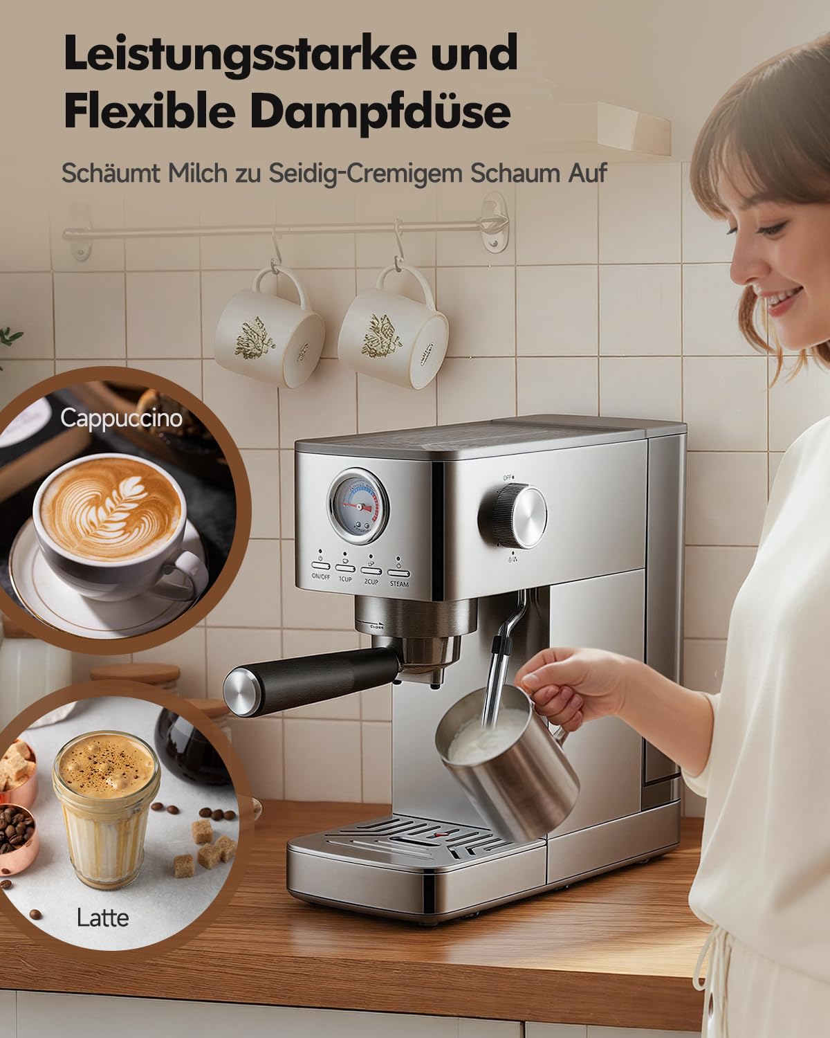 HAUSPROFI Siebträgermaschine Espressomaschine 15 Bar Manometer 1,4L Wassertank Kaffeemaschine Silber