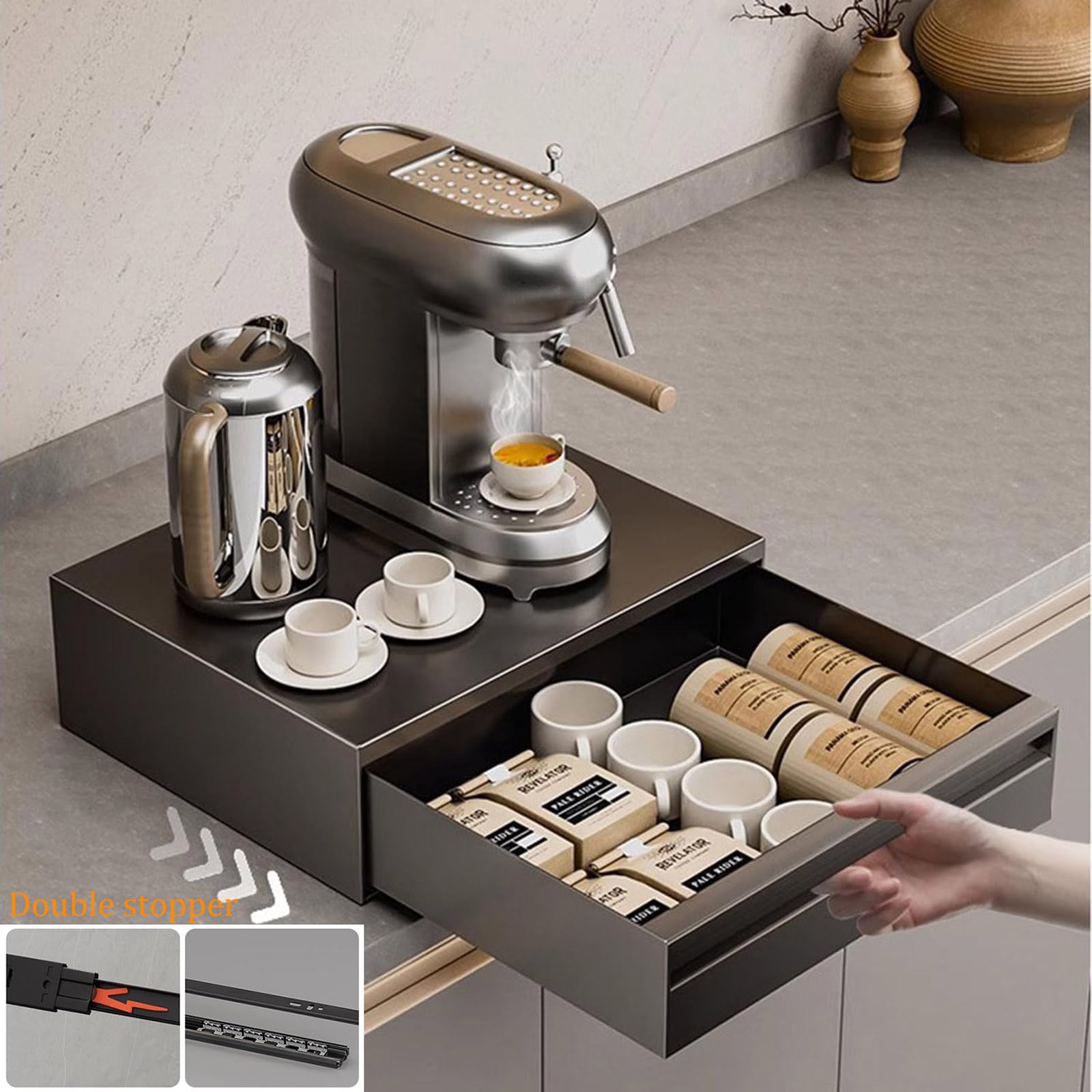 Supporto per microonde in acciaio al carbonio con cassetti estraibili, organizer da banco per microonde compatti, caffetterie ed elettrodomestici da cucina, grigio (44 cm)
