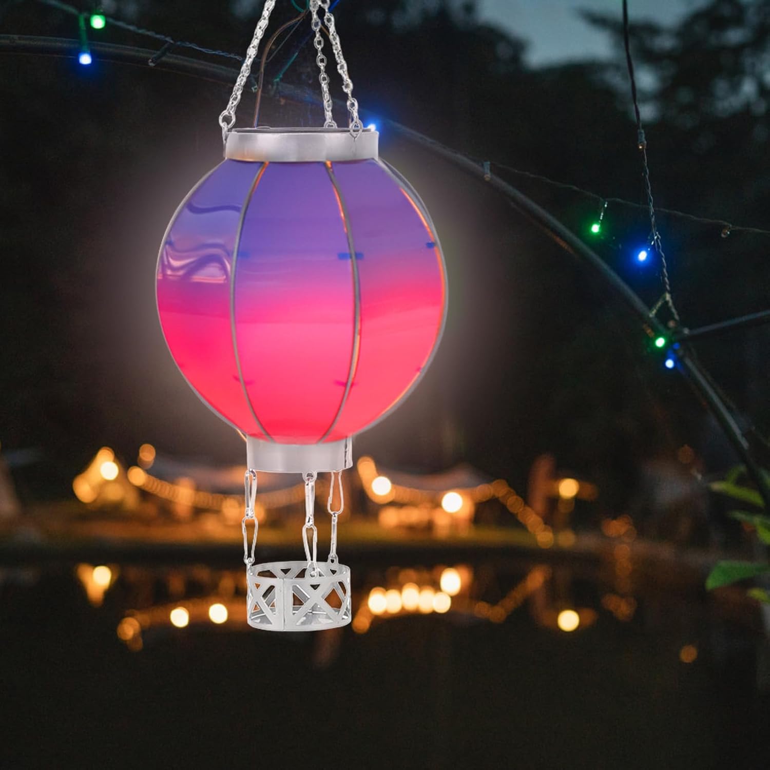 Large Hot Air Balloon Solar Lantern – Auto On Off Iron Hanging Light for Garden, Courtyard & Camping – Warm White Decorative Lamp with Dusk to Dawn Sensor – Patio (L)