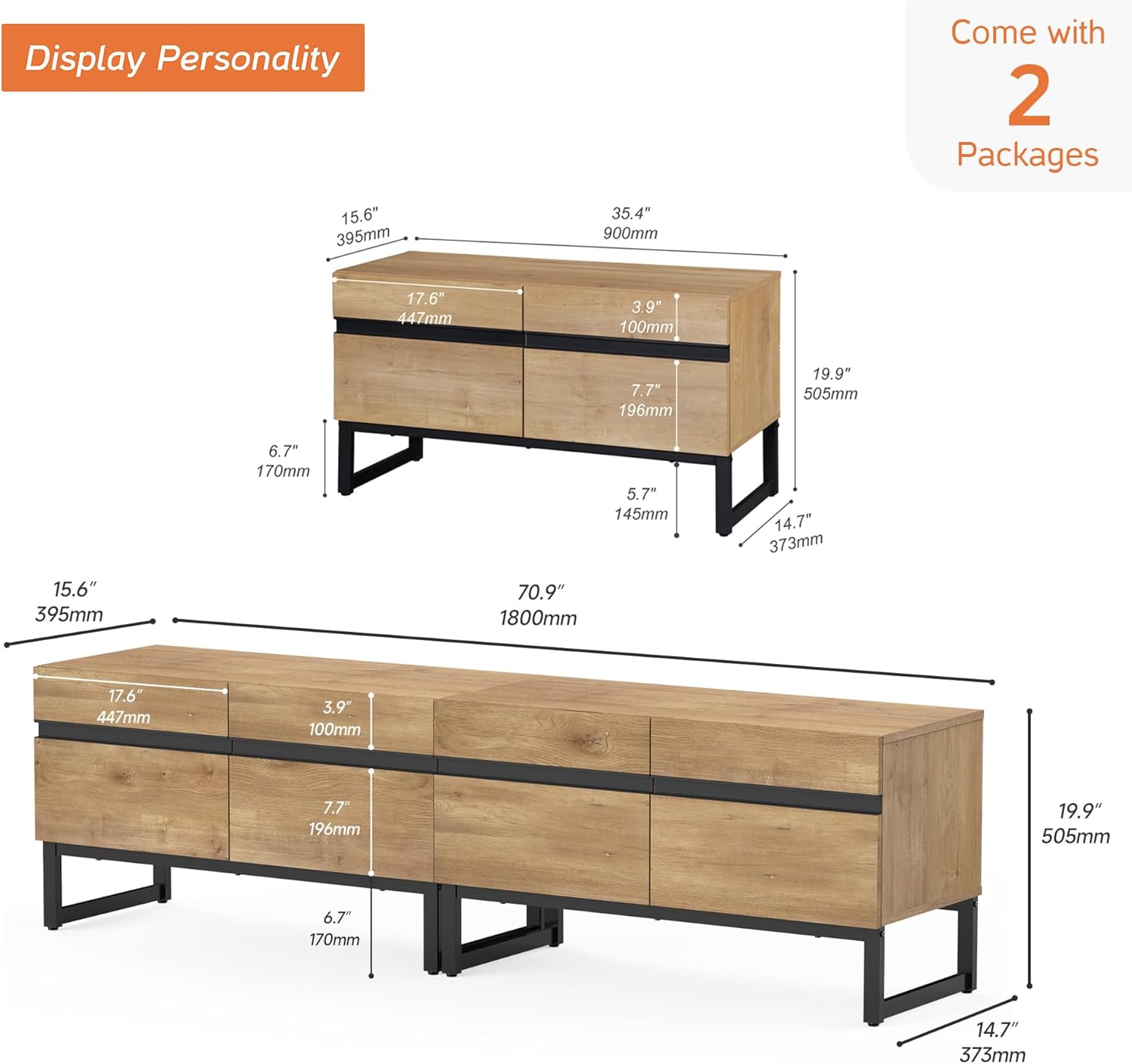 WAMPAT Modern TV Stand for TVs Up to 75 Inch, 2-in-1 Entertainment Center Media Console with Storage Cabinets, TV Console for Living Room, Oak