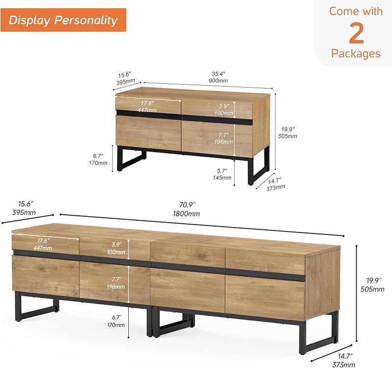 WAMPAT Modern TV Stand for 50-75 Inch TVs, Wood Entertainment Center with Metal Base Storage Cabinets, Media TV Console for Living Room, Oak, 2Pcs image 2