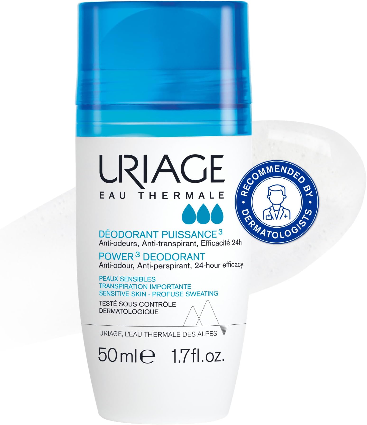 Uriage Power3 Antiperspirant Deodorant Roll-On - 24H Sweat & Odor Efficacy - Dry Touch - No White Marks - No Yellow Stains - Fresh Unisexe Scent - Long-Lasting formula - Alcohol-Free - Hypoallergenic