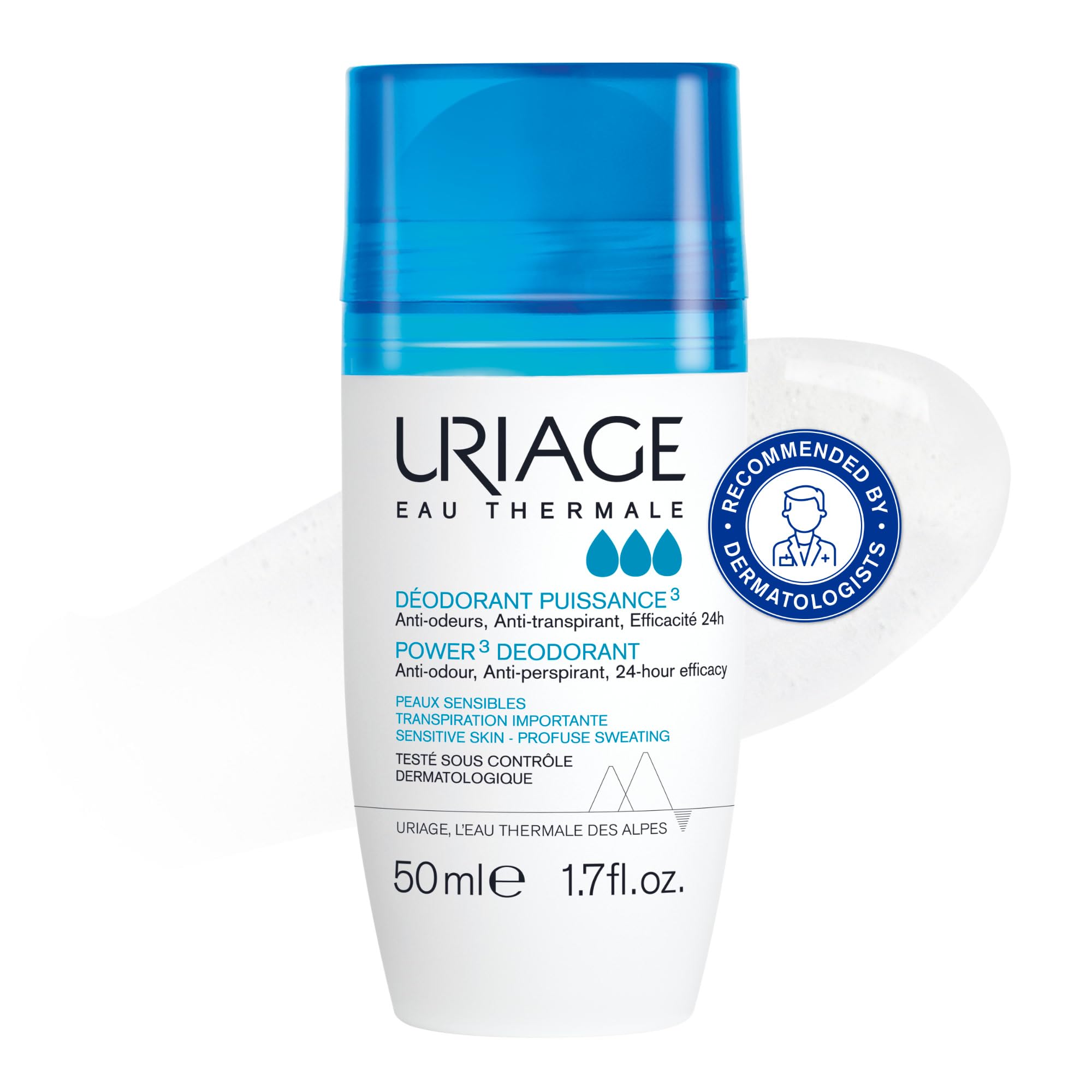 Uriage Power3 Antiperspirant Deodorant Roll-On - 24H Sweat & Odor Efficacy - Dry Touch - No White Marks - No Yellow Stains - Fresh Unisexe Scent - Long-Lasting formula - Alcohol-Free - Hypoallergenic