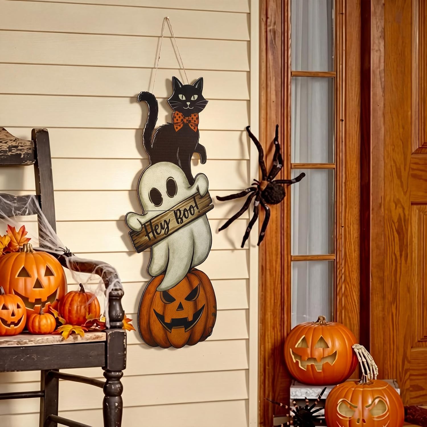 RattanView Halloween Large Size Hey Boo Door Hanger Pumpkin Black Cat Boo Sign Wooden Front Door Sign for Farmhouse Indoor Outdoor Yard Porch Home Decor Party Supplies