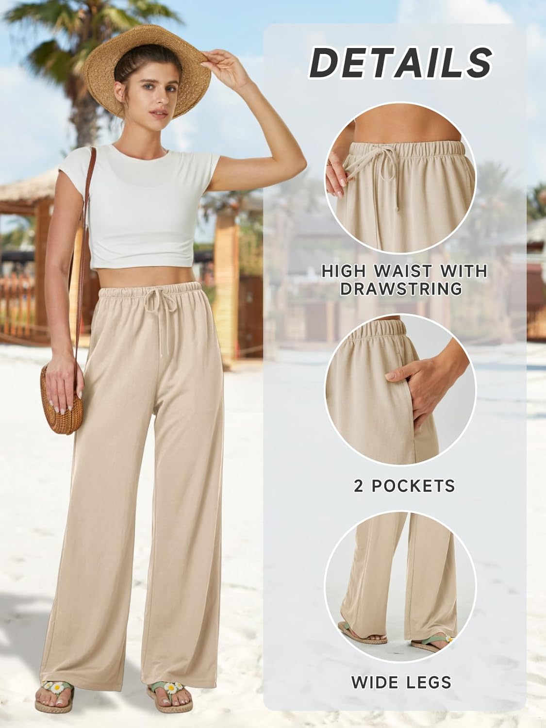 keriffe Summer Outfits Flowy Palazzo Pants for Women High Waisted Wide Leg Beach Casual Vacation Pants Trousers Pockets - Image 5