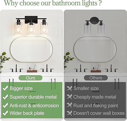 Miniatura 64 de Lámparas de baño de 3 luces, luces de tocador de latón para baño con pantallas de vidrio transparente, modernos apliques de pared de baño
