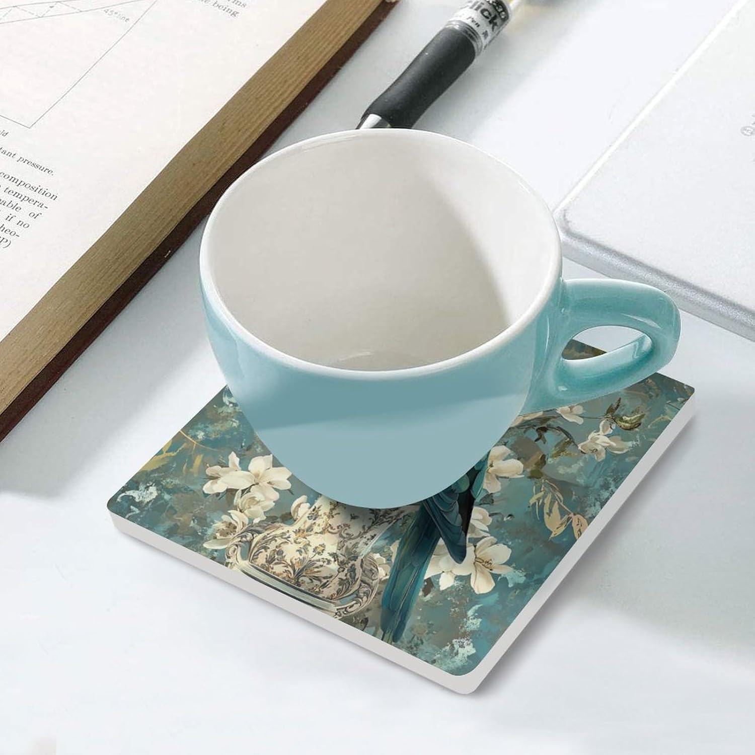 Green Parrot Animal Ceramic Coasters Set Square Drink Coasters Table Coaster for Kitchen Desktop Decor