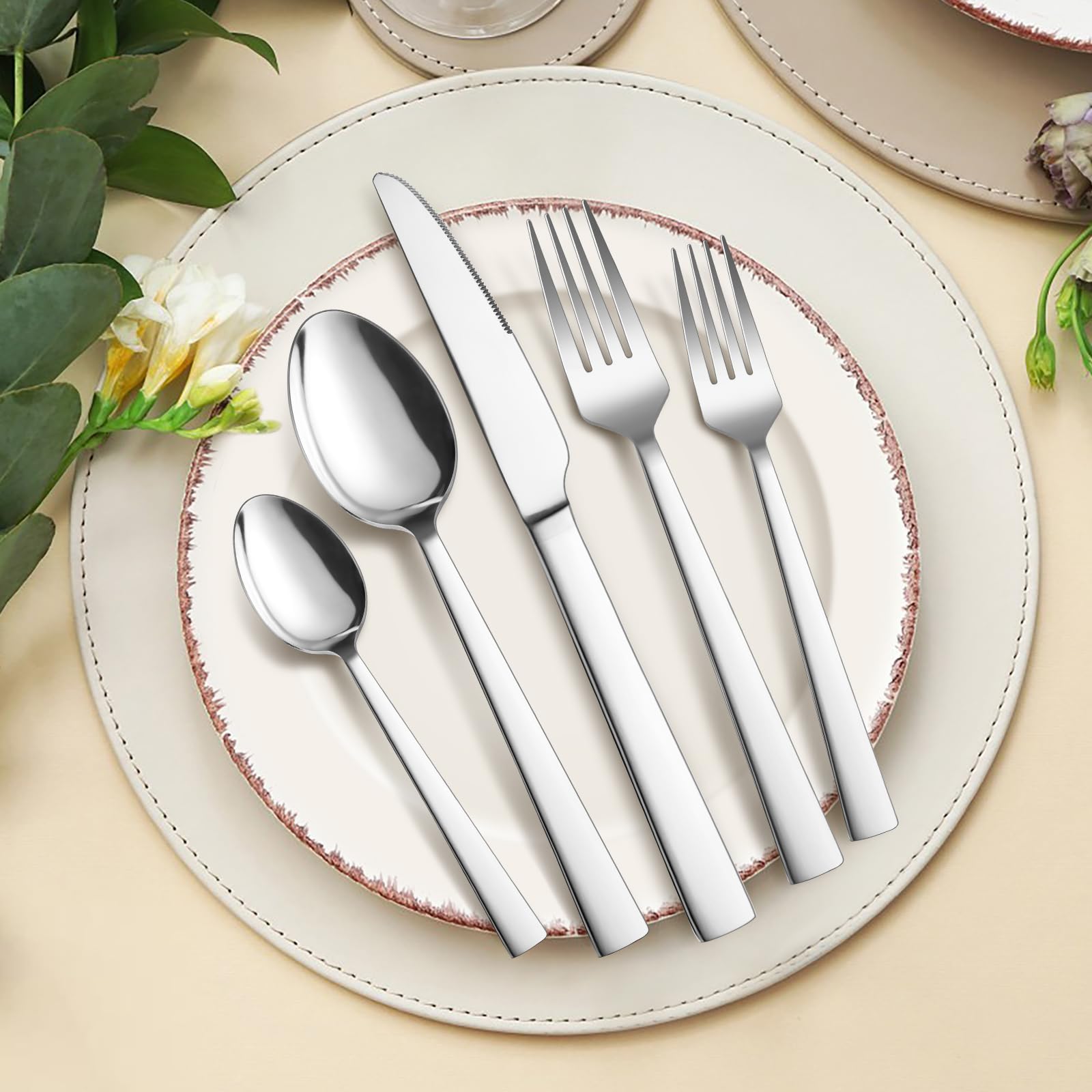 Homikite Homikit Juego de Cubiertos para 12 Personas, Juego de Cubiertos de Acero Inoxidable Pulido 60 Piezas, Cubiertos Elegantes con Cuchillo Tenedor Cuchara, Cubiertos de Mesa para el hogar, Cocin