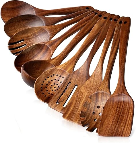 Cucharas de madera para cocinar, juego de 10 utensilios de cocina con acabado liso, juego de utensilios de cocina de madera de teca duraderos,