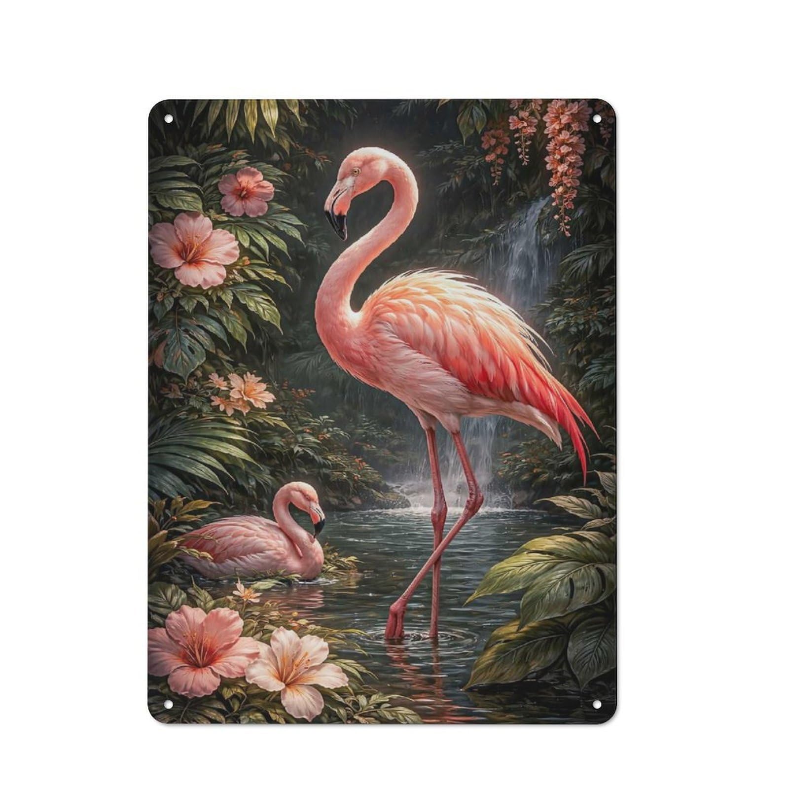 Flamingos in A Tropical Waterfall Garden Rustic Tin Sign 40x30cm for Café Or Restaurant, for Café Owners And Decorators, for Retro Home Interiors