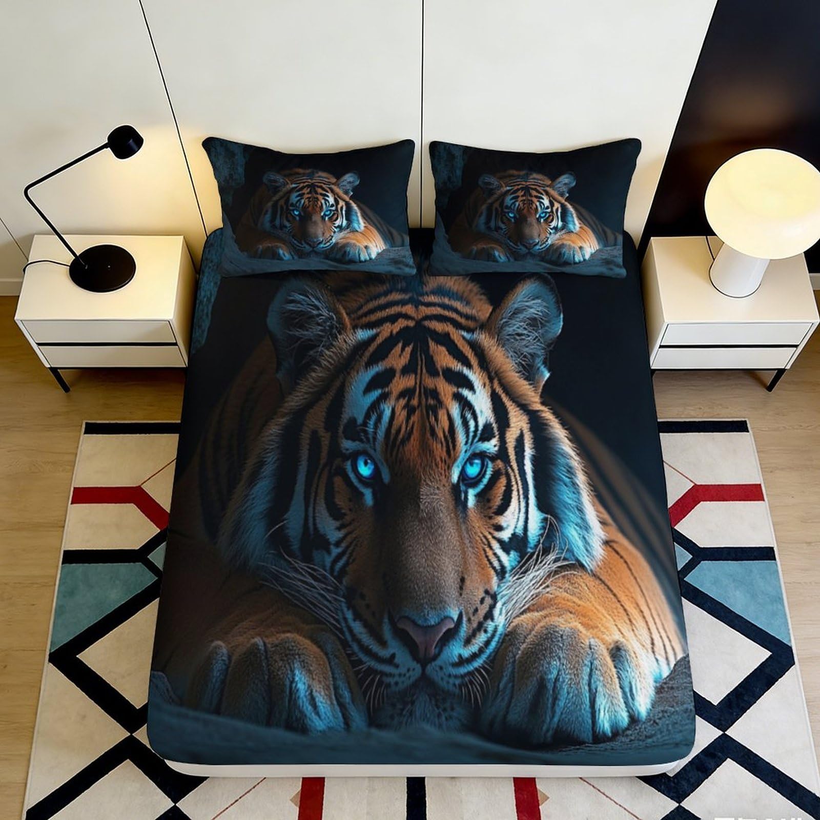 3D Printed Tiger Eyes Fitted Sheet Microfiber Soft Non-slip Animal Pattern Bed Cover for Bedroom Dorm Decor 90x200x25cm