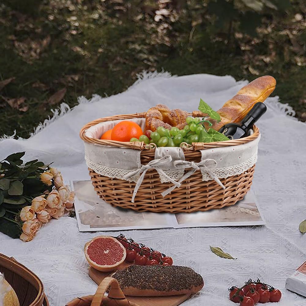 Large Wicker Picnic Basket with Handles,Handle Sturdy Woven Body with Removable and Washable Lining,Outdoor Camping,Gift Packing,Garden Picking, Storage.White Flower