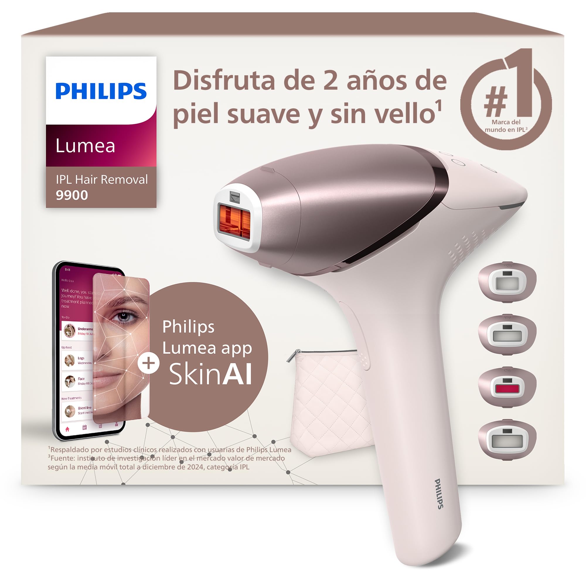 Philips Lumea Serie 9900, depiladora IPL con Inteligencia Artificial, tratamiento personalizado, 4 accesorios para el cuerpo, la cara, la zona del bikini y las axilas, con cable y sin cable, BRI951/​00