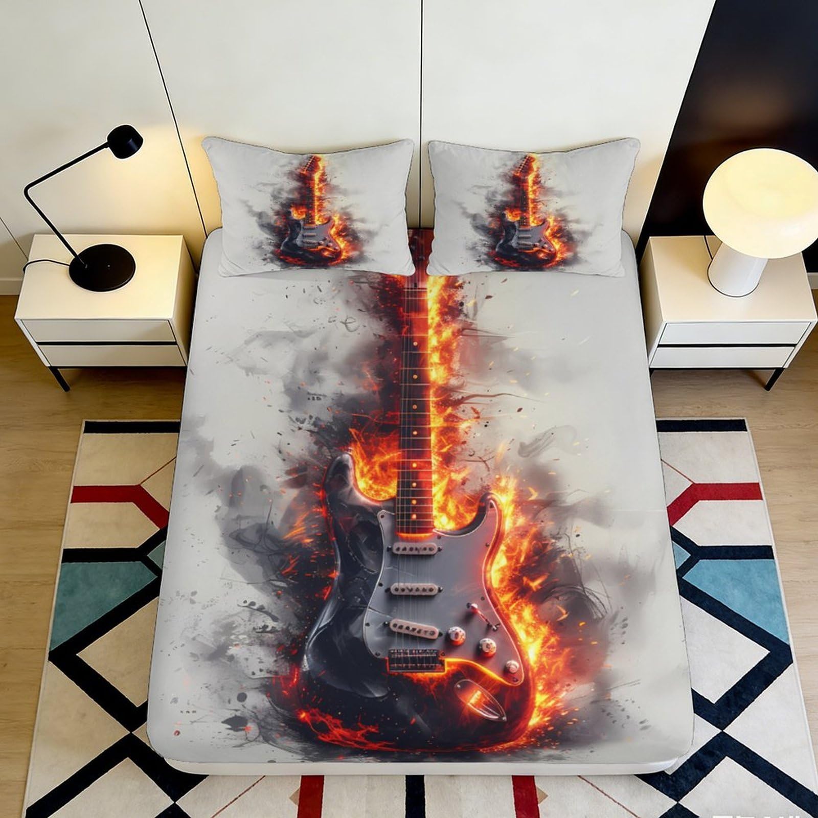 3D Printed Fiery Guitar Fitted Sheet Microfiber Soft Breathable Burning Electric Guitar Mattress Cover for Bedroom Dormitory Guest Room Mattress Protection Decor 120x200x25cm