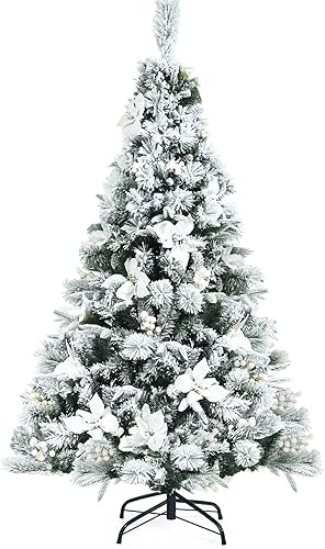 Árbol de Navidad artificial flocado de nieve de 5 pies, árbol de vacaciones con bisagras con soporte de metal plegable, 405 puntas de rama, bayas