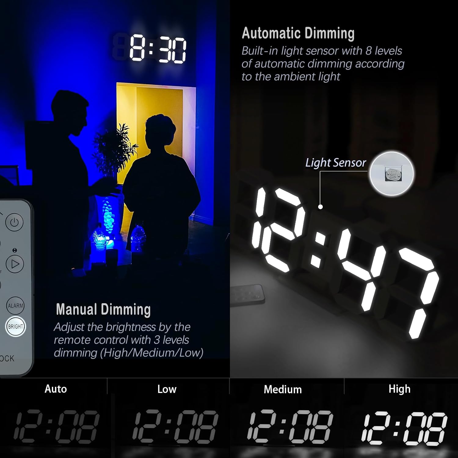 KOSUMOSU 15 inch 3D LED Digital Wall Clock showing manual and automatic dimming features