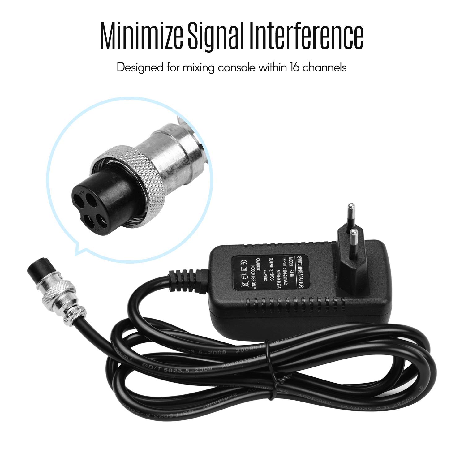 Fuente de alimentación mezclador 15V 230Ma Adaptador de corriente Enchufe redondo de 4 pines para 16 canales o menos Consolas de mezcla Entrada de 100-240V Enchufe de la UE