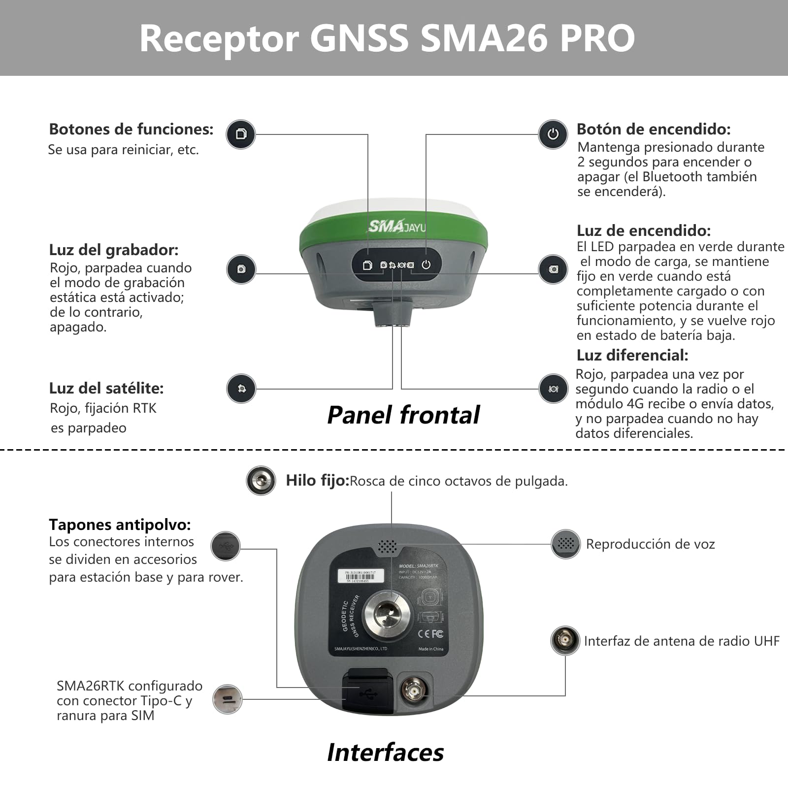 Sistema de topografía RTK con Receptor GNSS SMA26 Pro Rover, Controlador y Software, Funciona como estación Base para Drones, 10000 mAh, 32 GB, 4G/BT/CORS, protección IP67, Ideal para ingeniería