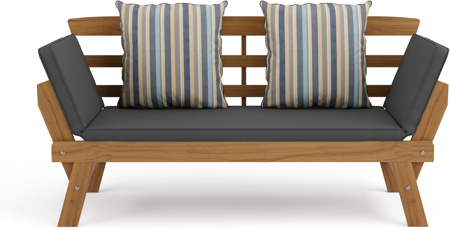 Greemotion Velden Certified Acacia Natural Finish Wood Sofa Narrow Daybed Small Loveseat Patio Sofa Bed Patio Lounge Bed Wood Couch, Outdoor Convertible Daybed Porch Loveseat with Gray Cushion