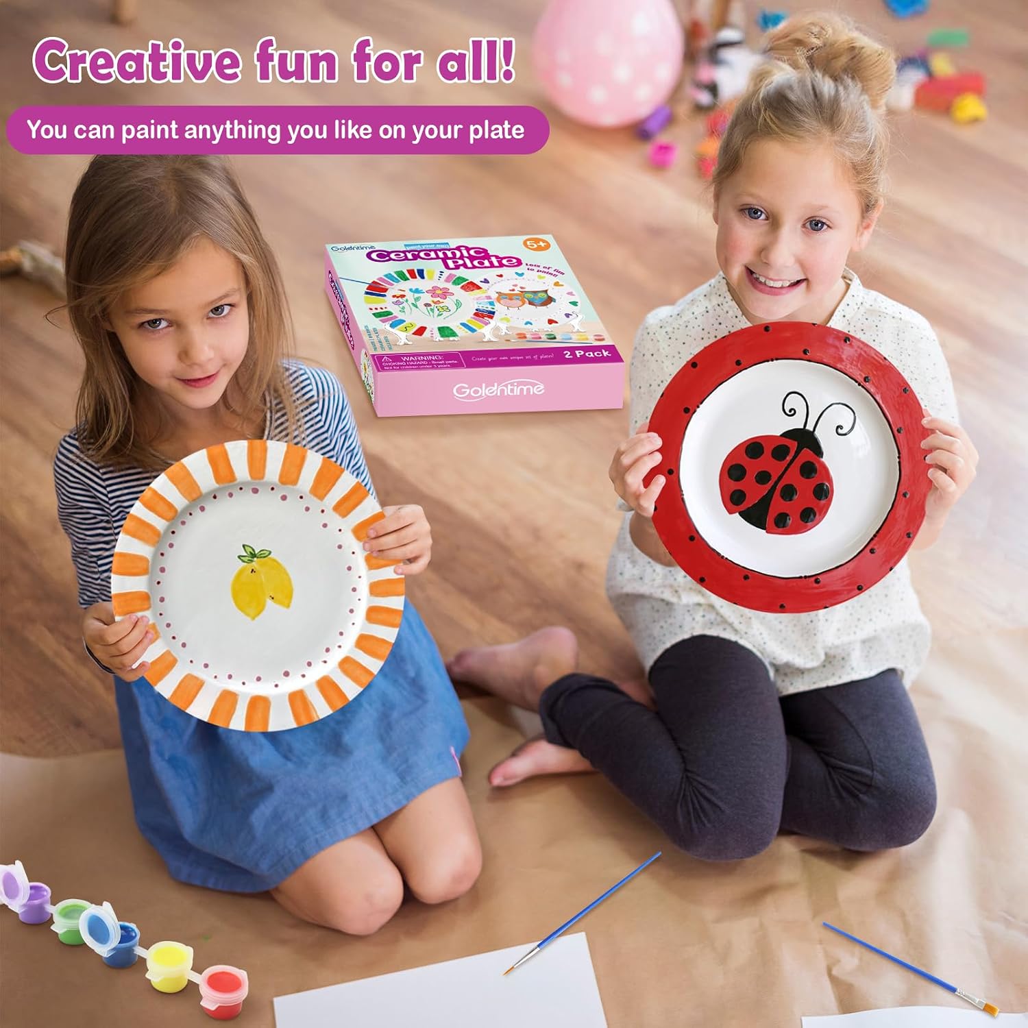 goldentime Ceramic Plate Painting kit for Kids and Adults Including 2 Ceramic Plates to Paint, with 12 Paints, 2 Brushes and 2 Stands - Perfect as DIY Home décor or Gifts for Bithday Christmas